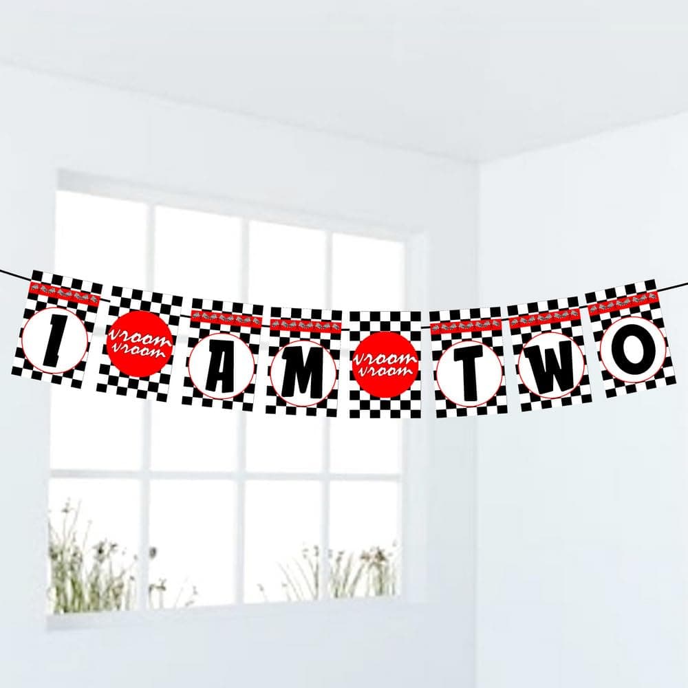 Balloonistics Racing Theme 2nd Birthday Banner "I Am Two" Checkered Flag Decorations Premium Cardstock Birthday Backdrop for Kids thumbnail 1