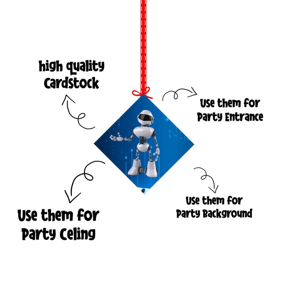 Balloonistics Robot Theme Happy Birthday Hanging Decorations - Pack of 12 Double-Sided Cardstock Cutouts with Hanging Ribbons - Futuristic Sci-Fi Party Decor for Ceiling, Walls & Windows, Space & Tech Theme (Hangings - Pack of 12) thumbnail 6