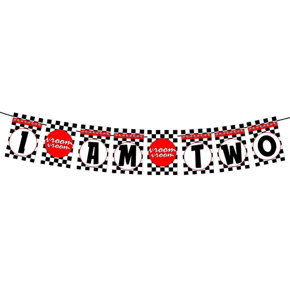 Balloonistics Racing Theme 2nd Birthday Banner "I Am Two" Checkered Flag Decorations Premium Cardstock Birthday Backdrop for Kids thumbnail 2