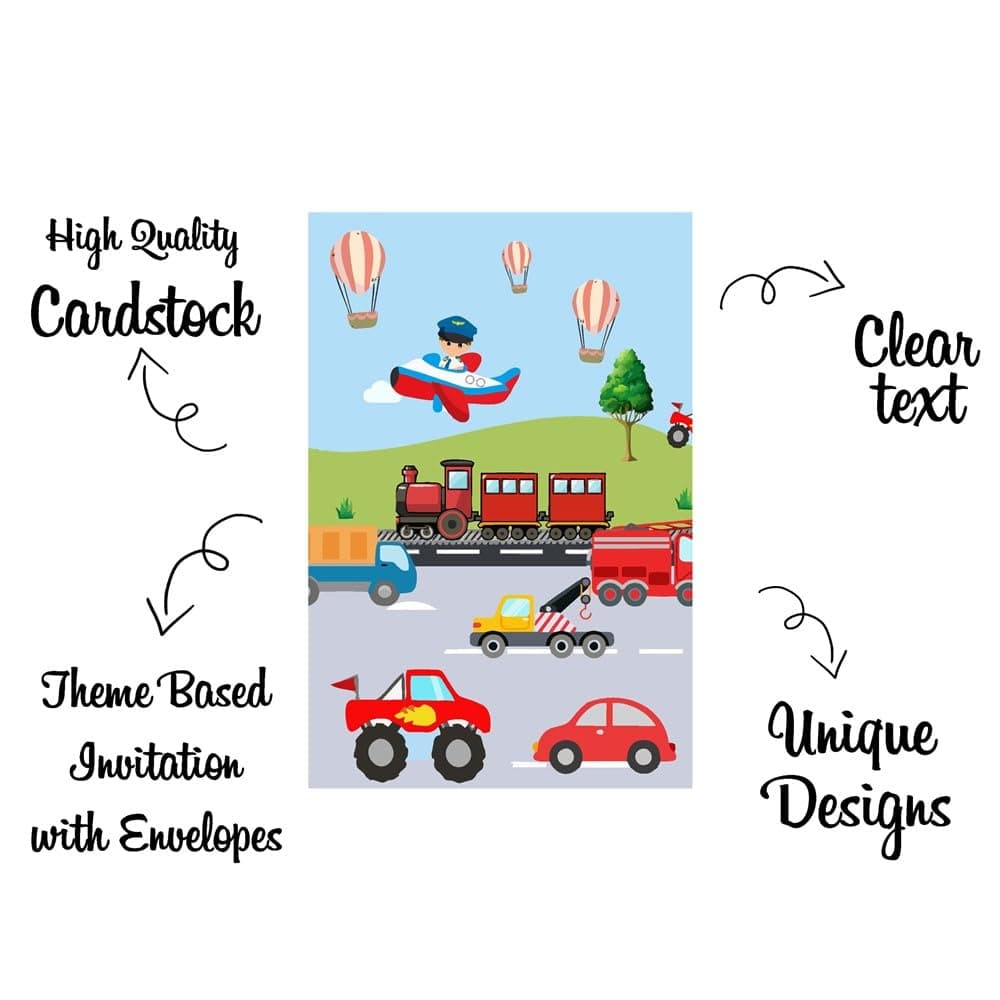 Balloonistics Transport Theme Birthday Invitation Cards Premium Double-Sided Cardstock Vehicle & Transportation Party Invites for Kids (Invite Cards - Pack of 10) thumbnail 5