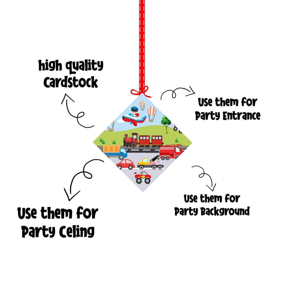 Balloonistics Transport Theme Hanging Decorations Double-Sided Premium Cardstock Vehicle & Transportation Birthday Party Ceiling Decor (Hangings - Pack of 12) thumbnail 6