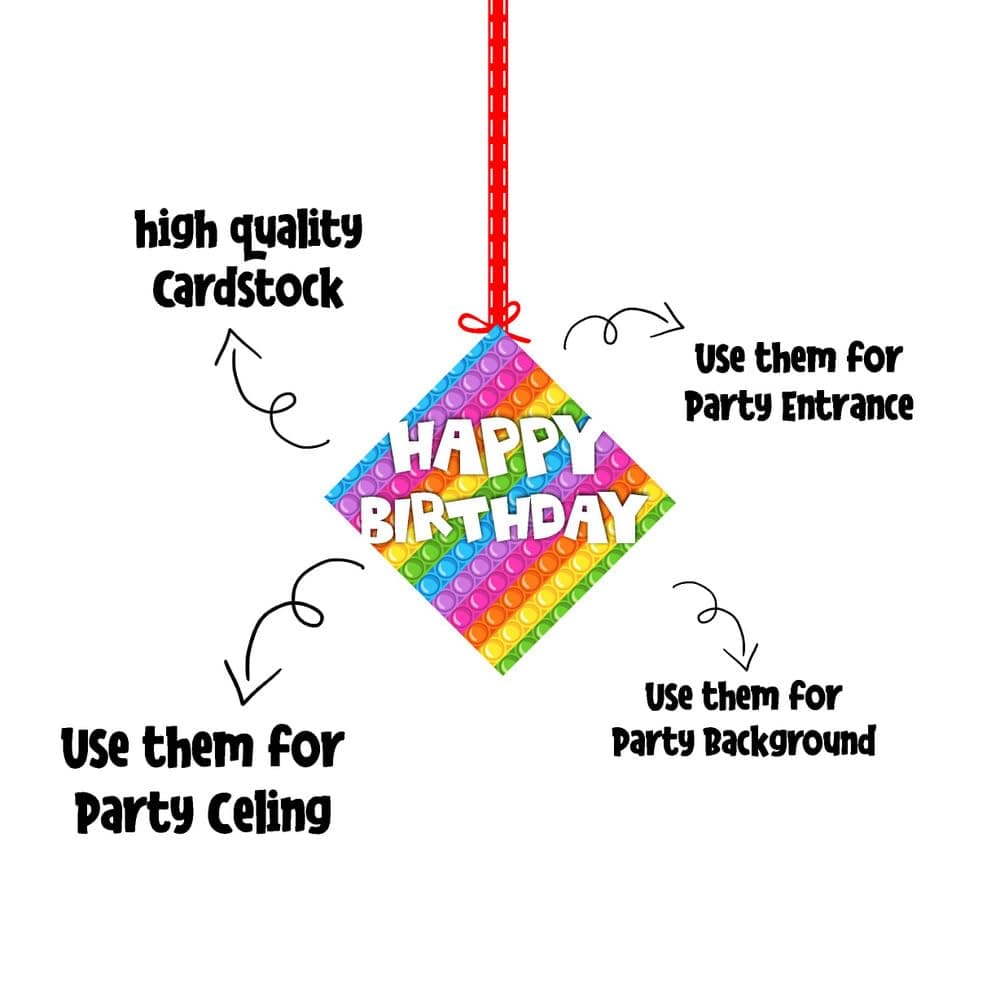 Balloonistics Pop It Theme Happy Birthday Hanging Decorations - Pack of 12 Double-Sided Cardstock Cutouts with Hanging Ribbons - Vibrant Fidget Toy Party Decor for Ceiling, Walls & Windows (Hangings - Pack of 12) thumbnail 6