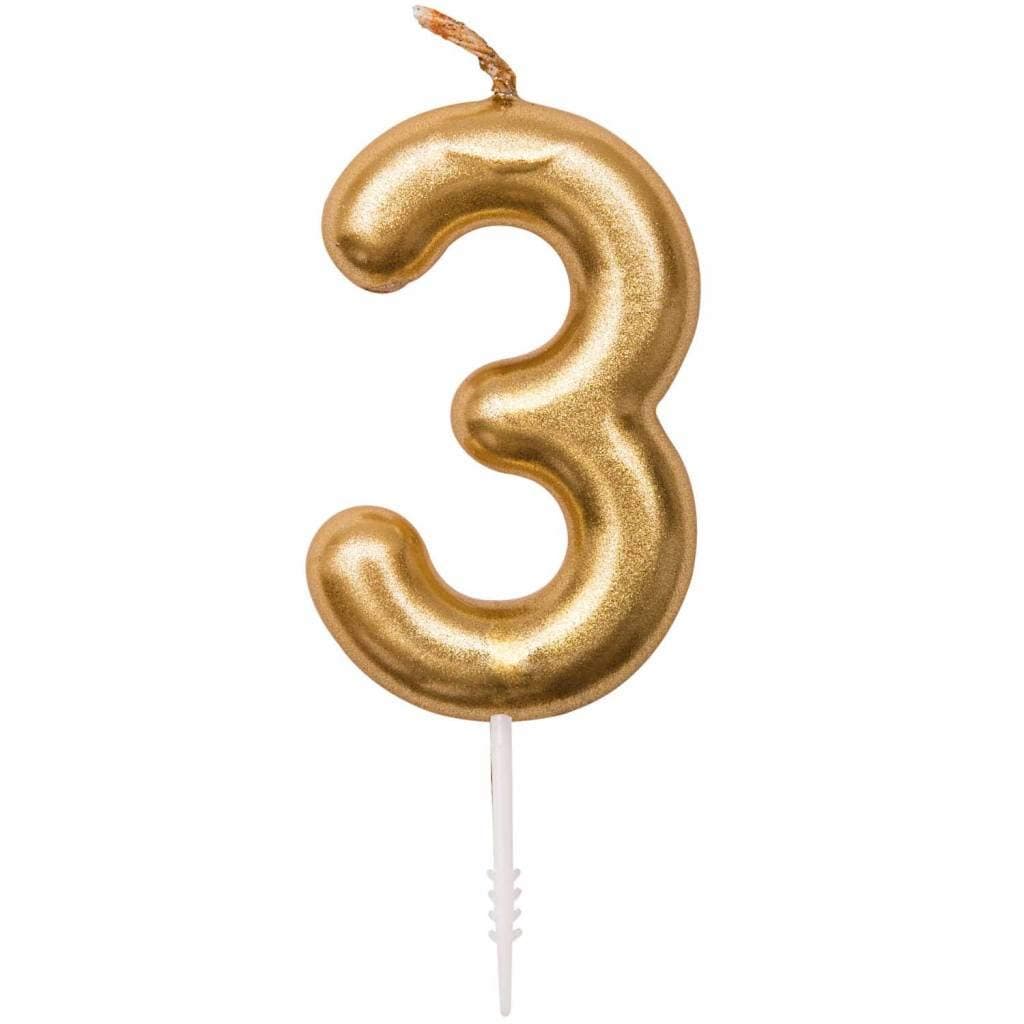 Balloonistics Gold Number 3 Candle on Stick – Elegant Metallic Gold Numeral Stick Candle for 3rd Birthday, Third Anniversary & Custom Age Cake Decoration thumbnail 1