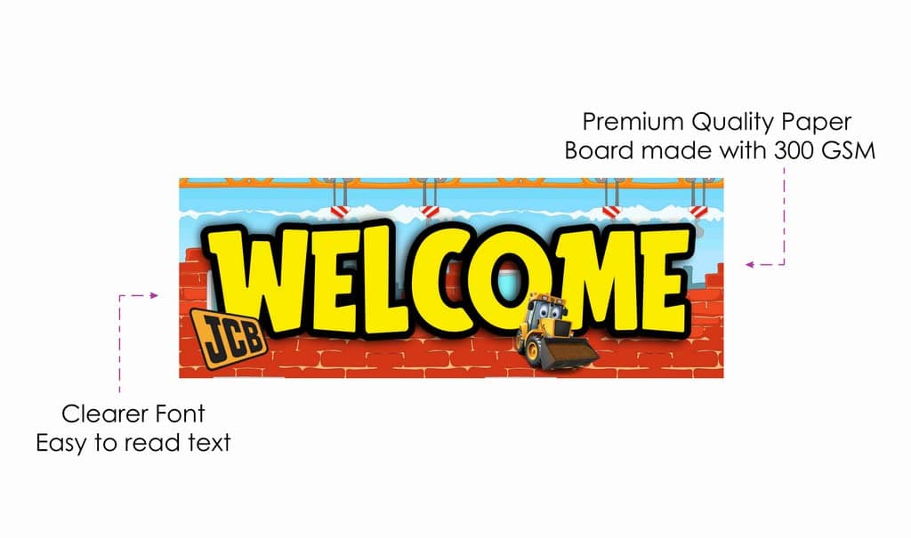Balloonistics Little JCB Theme Birthday Welcome Board - 2.3 Ft Large Construction Zone Door Sign - Premium Cardstock Yellow Digger & Excavator Party Backdrop with Ribbons for Indoor and Outdoor Use (Welcome Outdoor Board) thumbnail 6