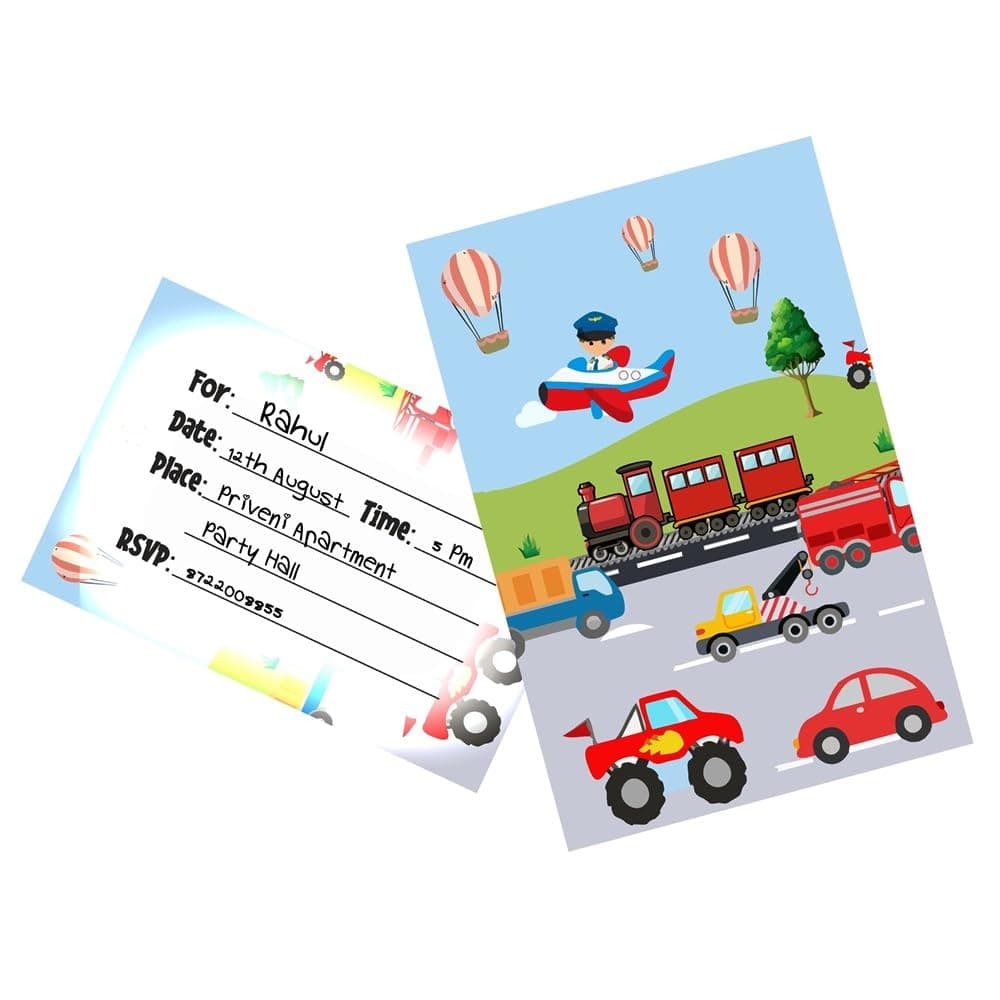 Balloonistics Transport Theme Birthday Invitation Cards Premium Double-Sided Cardstock Vehicle & Transportation Party Invites for Kids (Invite Cards - Pack of 10) thumbnail 1