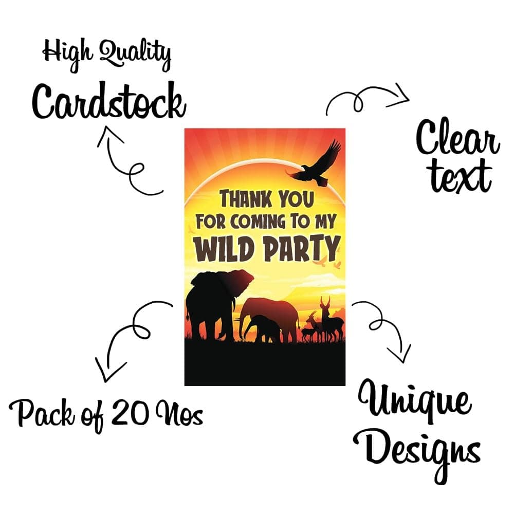 African Safari Theme 20 Pack Thank You Cards Jungle Animal Theme Party Supplies for Kids Multicolor African Zoo Birthday Favors thumbnail 5