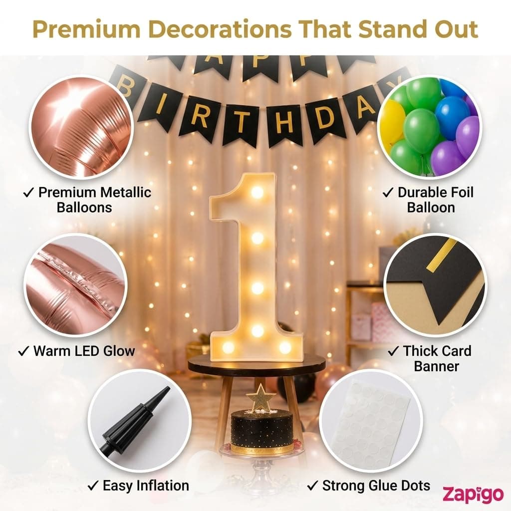 Balloonistics 11th Birthday Decoration Combo Kit - 40 Inch Rose Gold Foil Number Balloon, LED Marquee Light, 50 Rose Gold & Black Balloons, Happy Birthday Banner, Balloon Pump & Glue Dots thumbnail 6