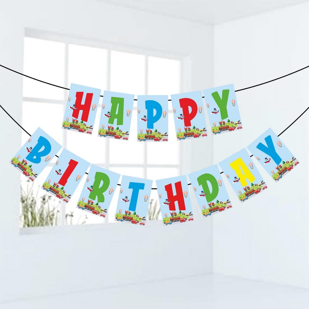 Balloonistics Transport Theme Happy Birthday Banner Vehicle & Transportation Party Decorations Premium Cardstock Backdrop for Kids (Happy Birthday Banner) thumbnail 1
