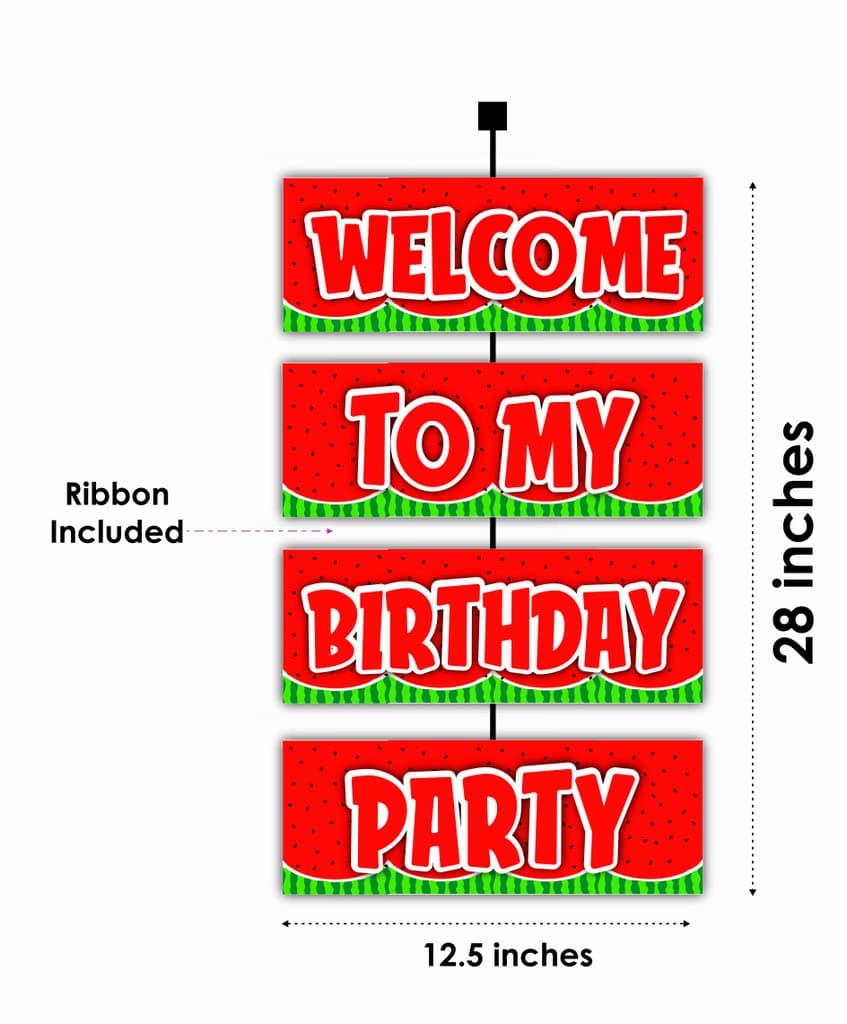 Balloonistics Watermelon Theme Welcome To My Birthday Party Sign – 2.3 Feet Vertical Hanging Door Banner – Single-Sided Cardstock Wall Decor with Ribbons for Summer Picnic & One in a Melon Birthdays thumbnail 2