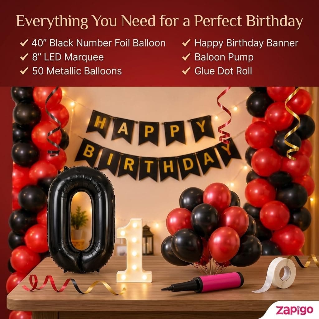 Balloonistics 21st Birthday Decoration Combo Kit - 40 Inch Black Foil Number Balloon, LED Marquee Light, 50 Black & Red Balloons, Happy Birthday Banner, Balloon Pump & Glue Dots thumbnail 2