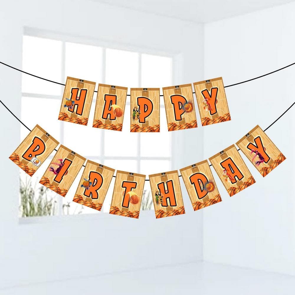 Balloonistics Basketball Theme Happy Birthday Banner Premium Cardstock Sports Theme Backdrop for Birthday Decoration with Ribbon for Kids (Happy Birthday Banner) thumbnail 1