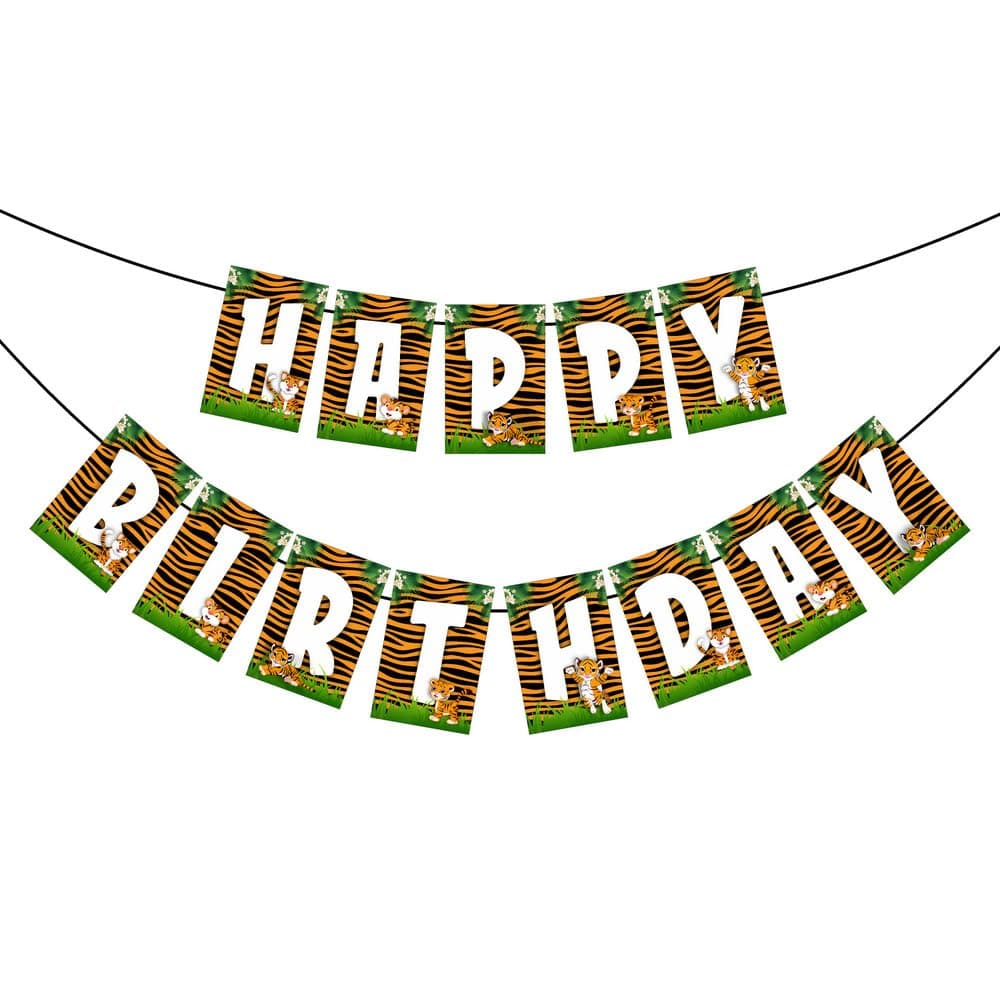 Balloonistics Tiger Happy Birthday Banner - Premium Cardstock Jungle Theme Bunting - Wild One & Safari Birthday Decoration Backdrop for Kids - Orange & Black Tiger Face Party Decor with Ribbon (Happy Birthday Banner) thumbnail 2