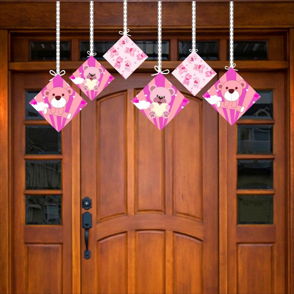 Balloonistics Pink Teddy Bear Happy Birthday Hanging Swirls - Pack of 12 Double-Sided Cardstock Streamers, Ceiling Decor for 1st Birthday Party thumbnail 3