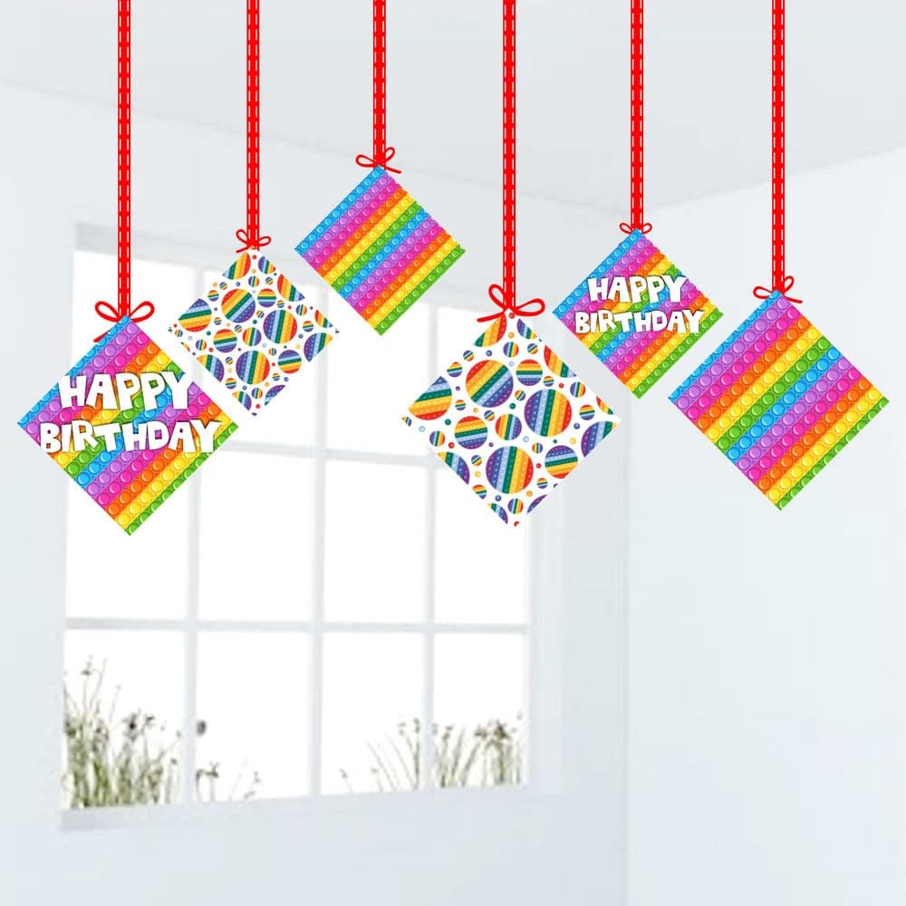Balloonistics Pop It Theme Happy Birthday Hanging Decorations - Pack of 12 Double-Sided Cardstock Cutouts with Hanging Ribbons - Vibrant Fidget Toy Party Decor for Ceiling, Walls & Windows (Hangings - Pack of 12) thumbnail 1