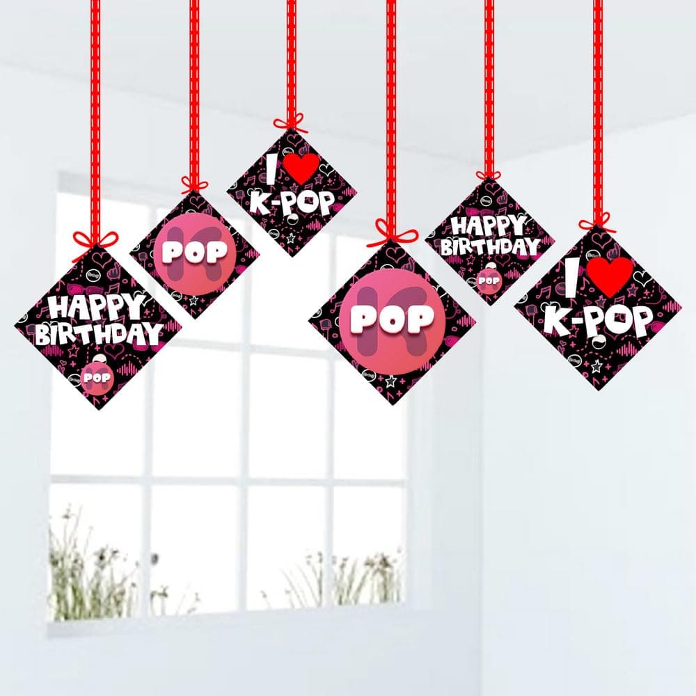 Balloonistics K-Pop Theme Birthday Hanging Decorations - Pack of 12 Double-Sided Cardstock Cutouts - Music Video Aesthetic Party Decor with Ribbons for Fans, Teens & Finger Heart Lovers (Hangings - Pack of 12) thumbnail 1