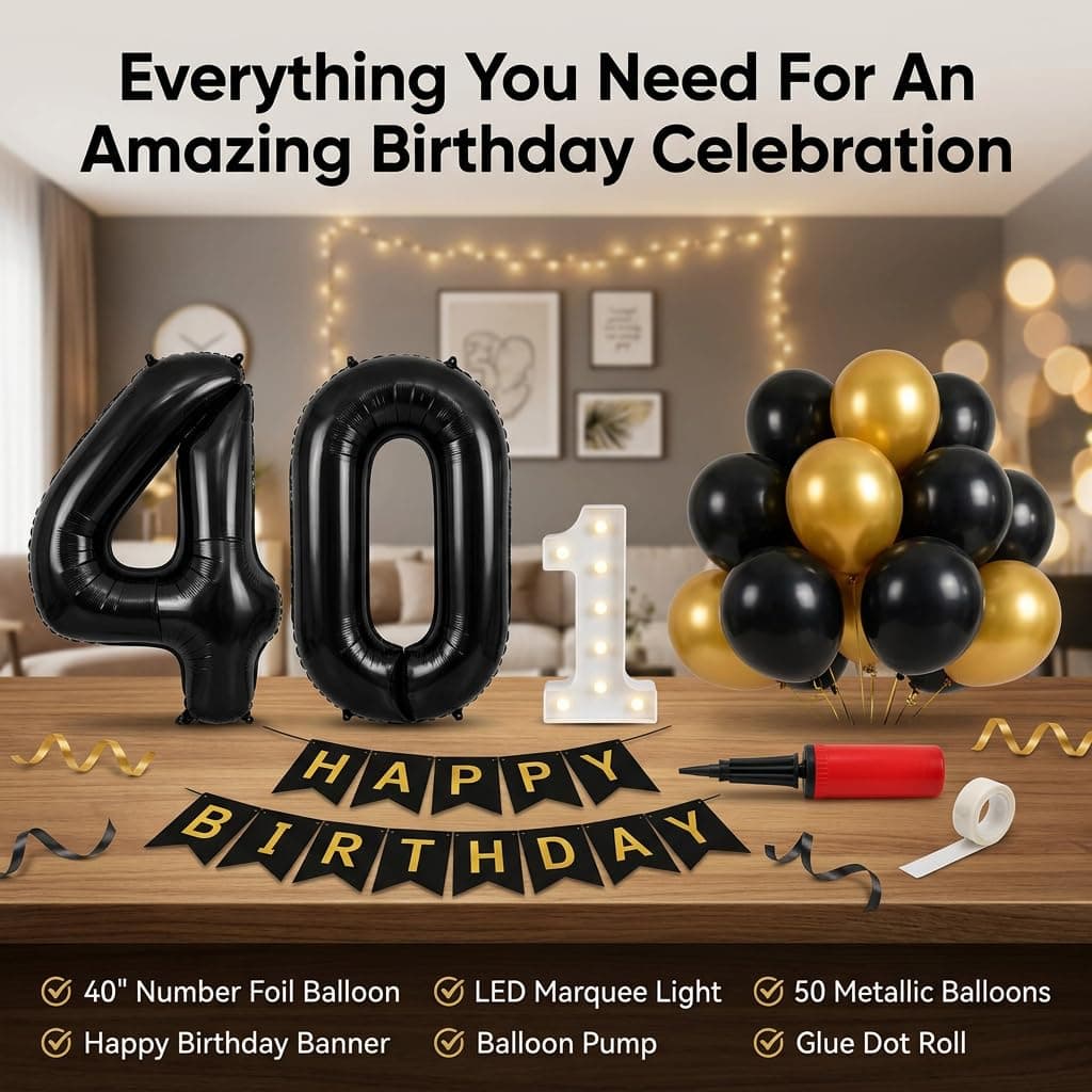 Balloonistics 18th Birthday Decoration Combo Kit - 40 Inch Black Foil Number Balloon, LED Marquee Light, 50 Black & Gold Balloons, Happy Birthday Banner, Balloon Pump & Glue Dots thumbnail 2