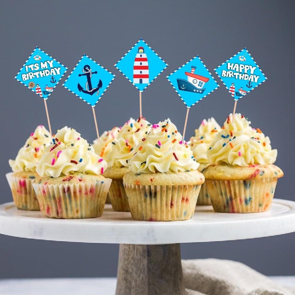 Balloonistics Sailor Theme Cupcake Toppers – Pack of 20 Premium Cardstock Cake Picks with Bamboo Sticks – Nautical Navy Blue & Red Decorations for Kids Birthdays, Baby Showers & Nautical Parties thumbnail 2