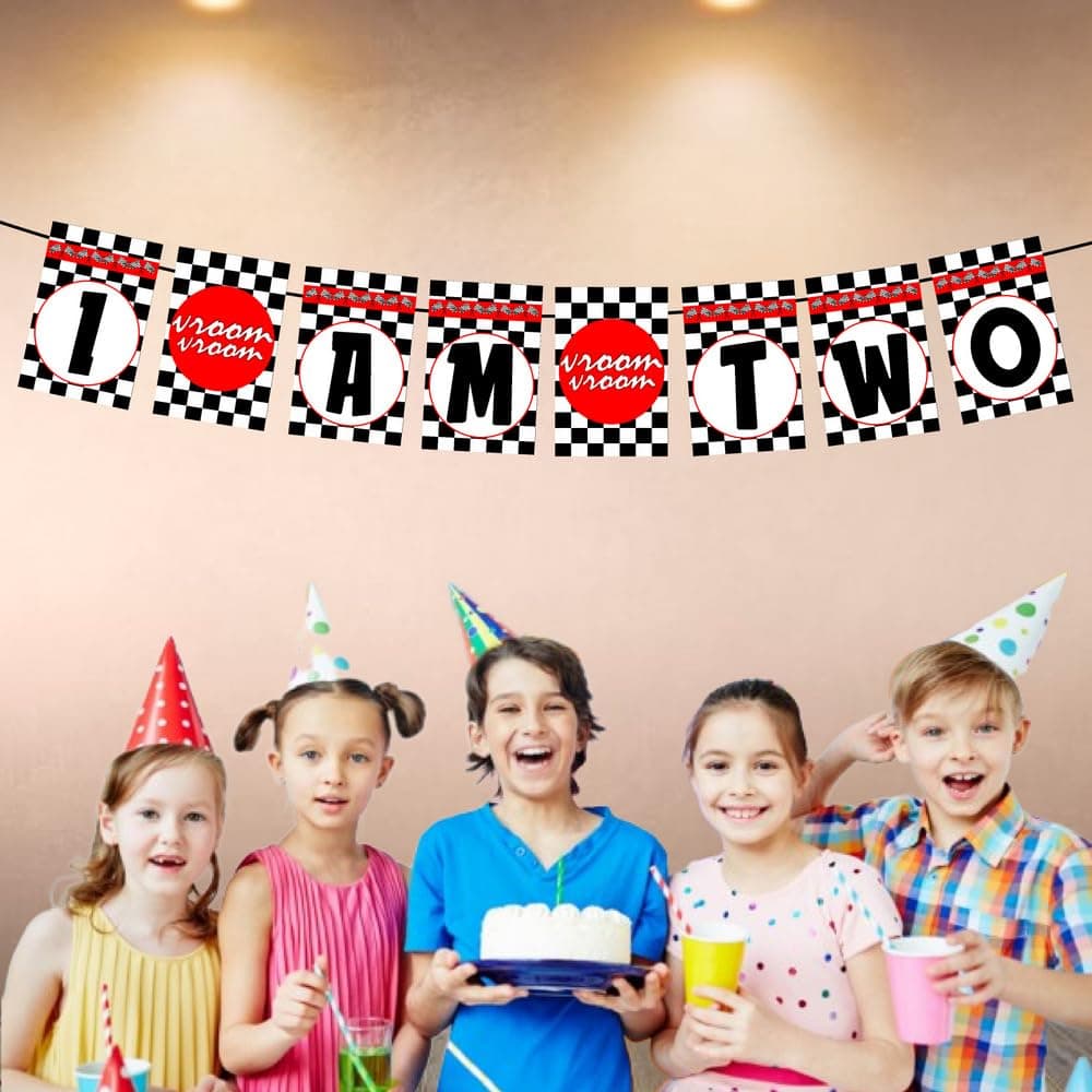 Balloonistics Racing Theme 2nd Birthday Banner "I Am Two" Checkered Flag Decorations Premium Cardstock Birthday Backdrop for Kids thumbnail 3