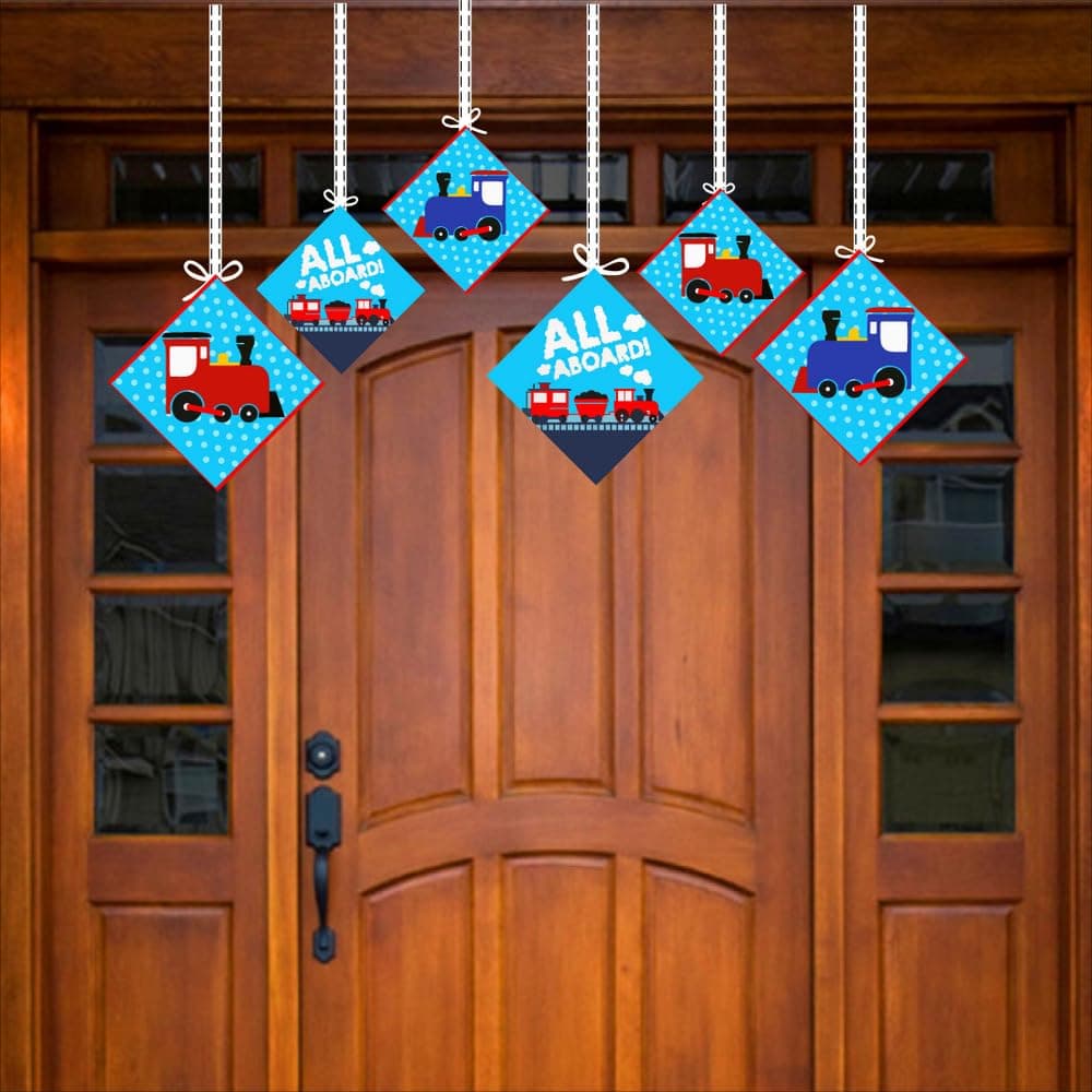 Balloonistics Train Birthday Theme Hangings Double-Sided Cardstock Ceiling Decorations Steam Engine Rail Party Decor with Ribbons (Hangings - Pack of 12) thumbnail 3