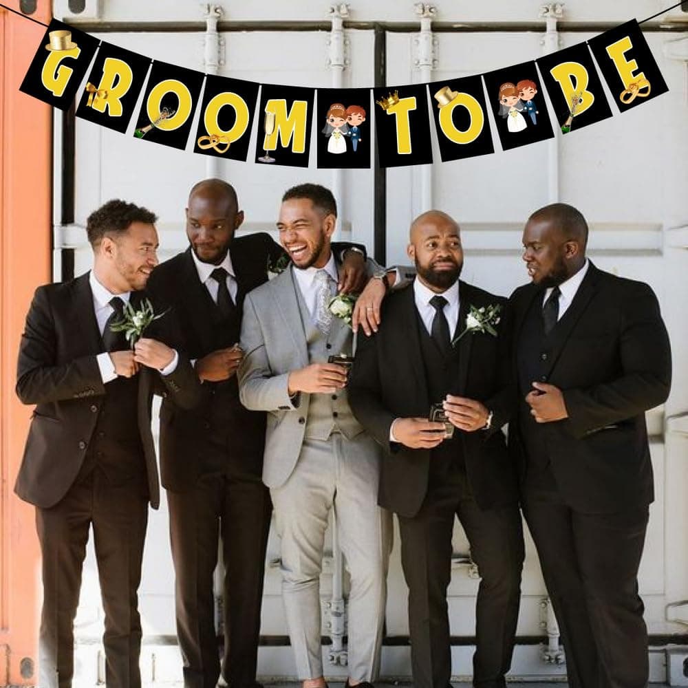 Balloonistics Groom to Be Happy Birthday Banner - Dapper Bachelor Party Bunting - Premium Cardstock Tuxedo & Bow-Tie Theme Decoration with Ribbons, Engagement & Wedding Celebration Backdrop (Groom To Be Banner) thumbnail 3