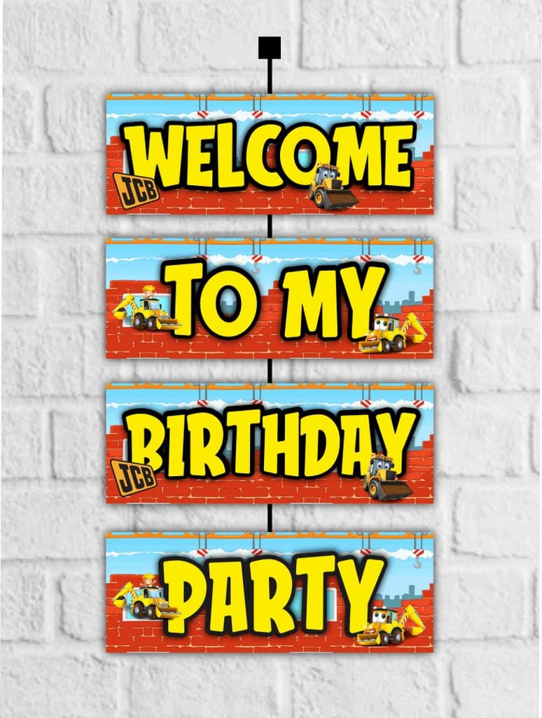 Balloonistics Little JCB Theme Birthday Welcome Board - 2.3 Ft Large Construction Zone Door Sign - Premium Cardstock Yellow Digger & Excavator Party Backdrop with Ribbons for Indoor and Outdoor Use (Welcome Outdoor Board) thumbnail 1