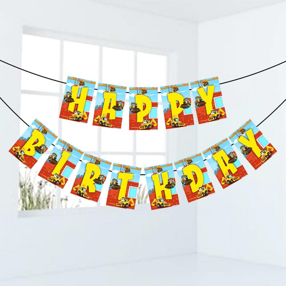 Balloonistics Little JCB Theme Happy Birthday Banner - Construction Zone Party Decoration - Premium Cardstock Yellow Digger & Excavator Bunting with Ribbons, Little Builder Birthday Backdrop (Happy Birthday Banner) thumbnail 1