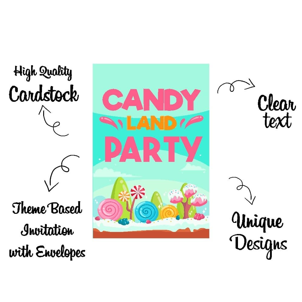 Balloonistics Candy Theme Birthday Invitation Cards - Pack of 10 Double-Sided Cardstock Invites with Envelopes - Sweet One, Candyland, and Lollipop Party Stationery for Kids, Fill-In Style (Invite Cards - Pack of 10) thumbnail 5