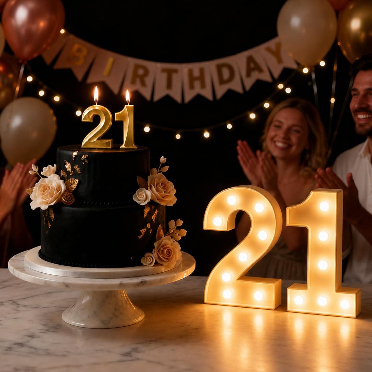Balloonistics Number 21 LED Marquee Light & Gold Number 21 Birthday Candle Combo - 9-Inch Warm White Marquee Sign + Metallic Gold Cake Candle for 21st Birthday, Anniversary & Milestone Party thumbnail 1