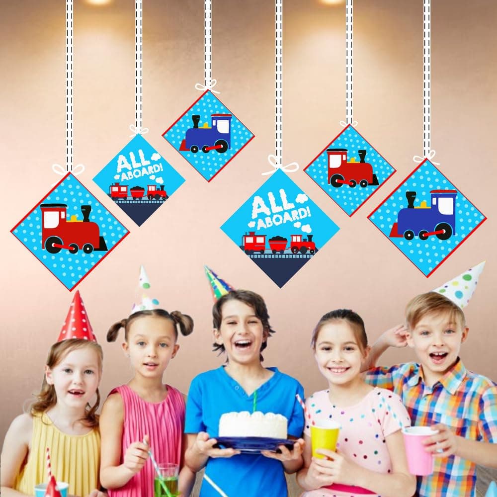 Balloonistics Train Birthday Theme Hangings Double-Sided Cardstock Ceiling Decorations Steam Engine Rail Party Decor with Ribbons (Hangings - Pack of 12) thumbnail 4