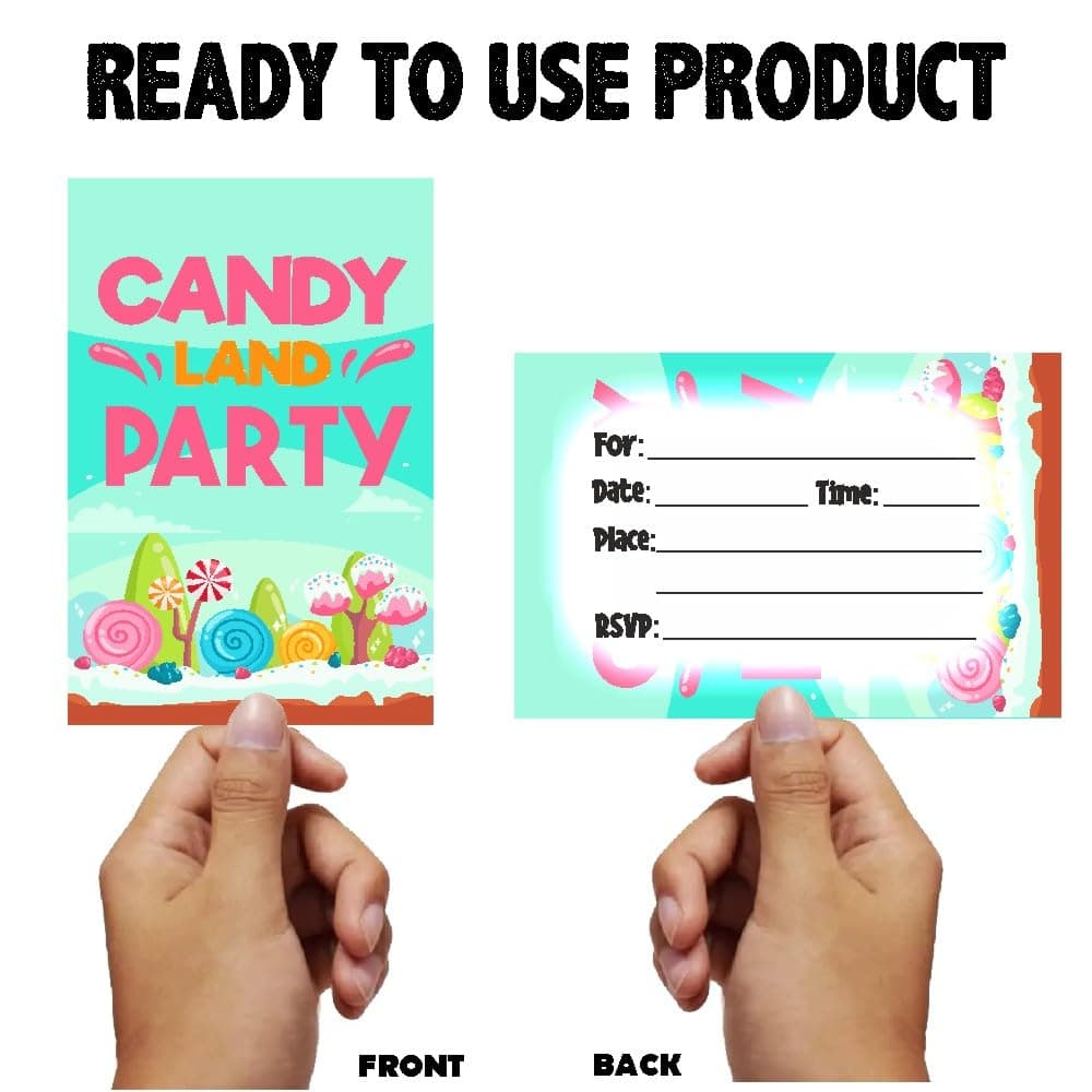 Balloonistics Candy Theme Birthday Invitation Cards - Pack of 10 Double-Sided Cardstock Invites with Envelopes - Sweet One, Candyland, and Lollipop Party Stationery for Kids, Fill-In Style (Invite Cards - Pack of 10) thumbnail 4