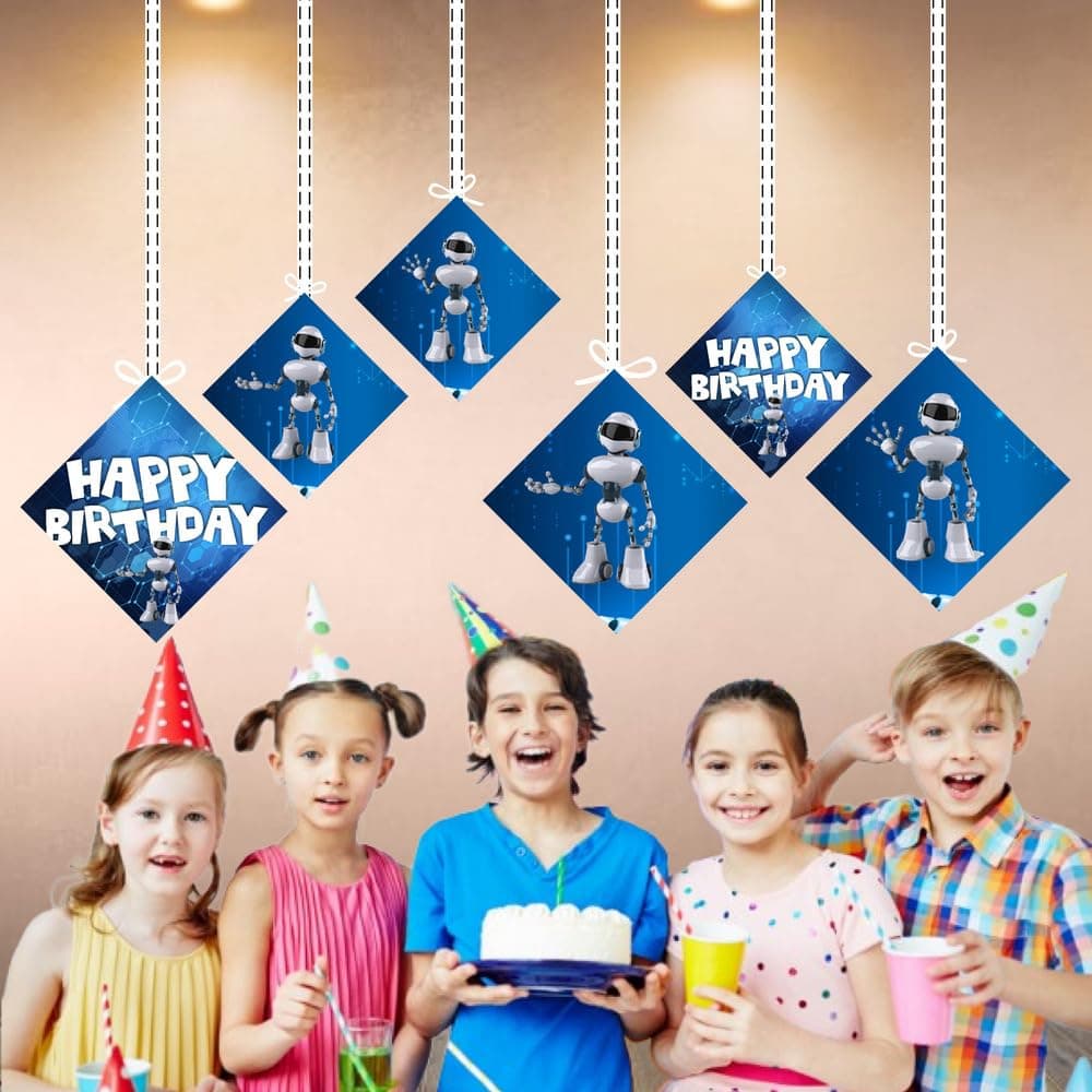 Balloonistics Robot Theme Happy Birthday Hanging Decorations - Pack of 12 Double-Sided Cardstock Cutouts with Hanging Ribbons - Futuristic Sci-Fi Party Decor for Ceiling, Walls & Windows, Space & Tech Theme (Hangings - Pack of 12) thumbnail 4