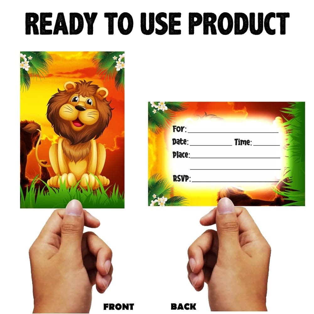 Balloonistics Lion Theme Birthday Invitation Cards - Pack of 20 Roaring Jungle Safari Party Invites - Premium Cardstock "King of the Jungle" Fill-in Invitations, Wild One & Zoo Theme Birthday Supplies (Invite Cards - Pack of 10) thumbnail 4