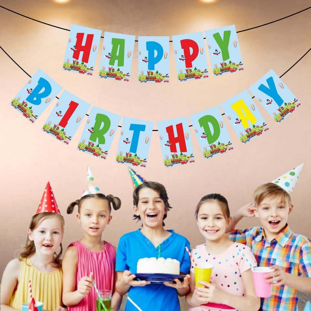 Balloonistics Transport Theme Happy Birthday Banner Vehicle & Transportation Party Decorations Premium Cardstock Backdrop for Kids (Happy Birthday Banner) thumbnail 3