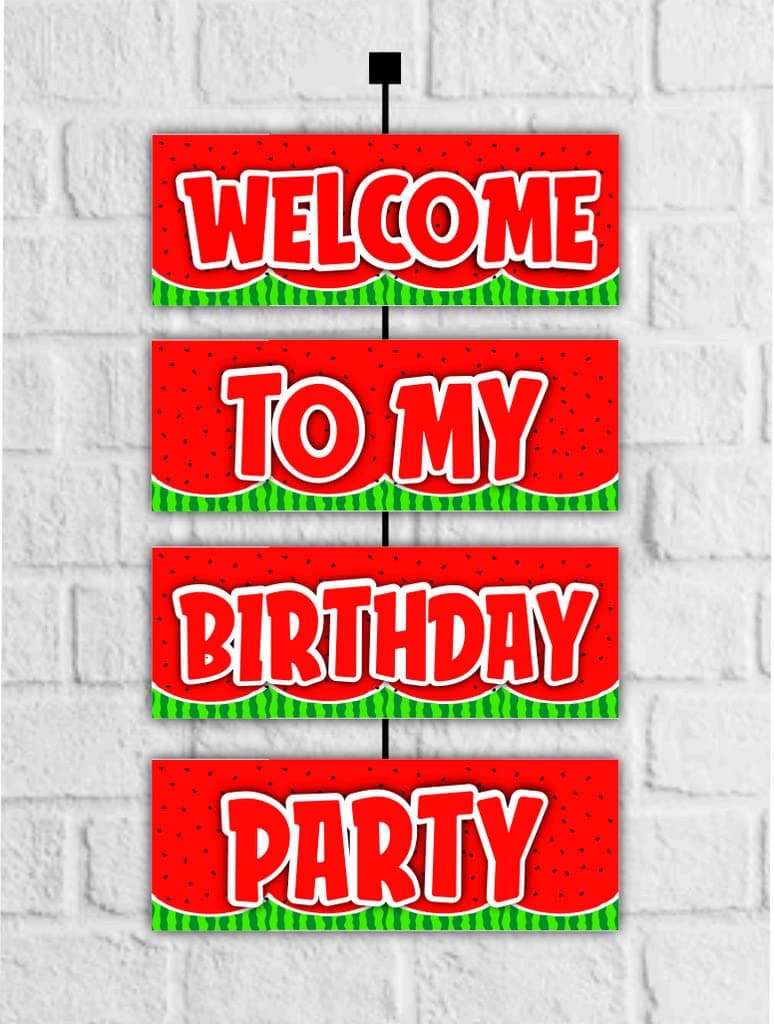 Balloonistics Watermelon Theme Welcome To My Birthday Party Sign – 2.3 Feet Vertical Hanging Door Banner – Single-Sided Cardstock Wall Decor with Ribbons for Summer Picnic & One in a Melon Birthdays thumbnail 1