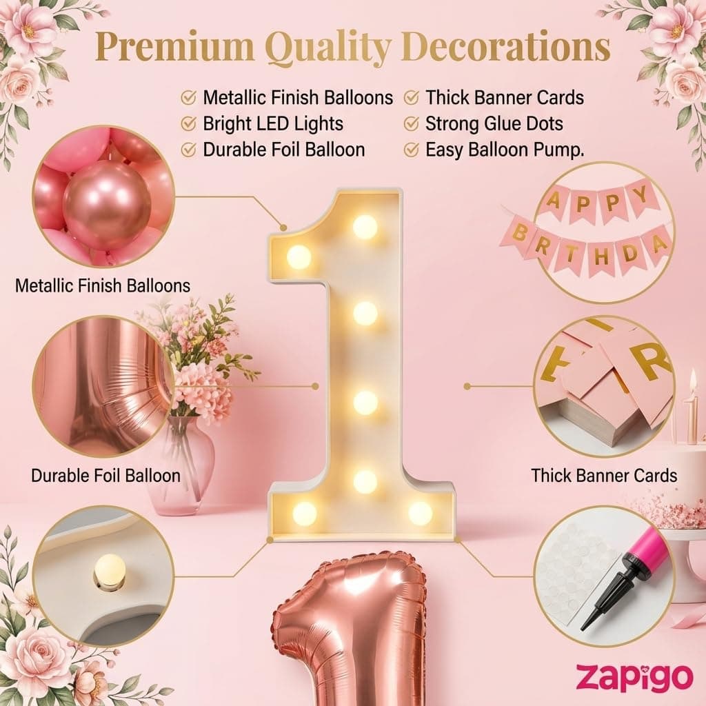 Balloonistics 14th Birthday Decoration Combo Kit - 40 Inch Rose Gold Foil Number Balloon, LED Marquee Light, 50 Rose Gold & Pink Balloons, Happy Birthday Banner, Balloon Pump & Glue Dots thumbnail 6