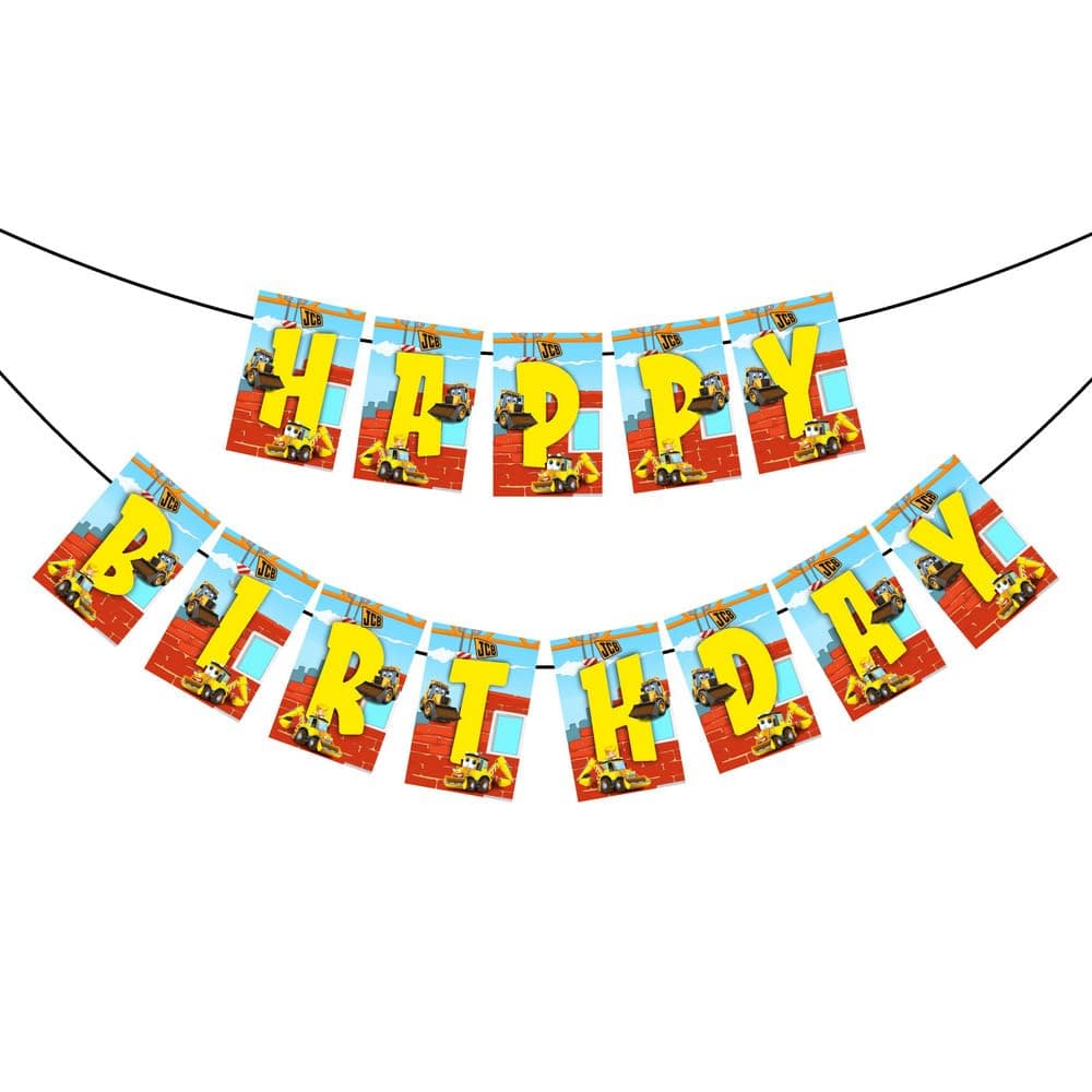Balloonistics Little JCB Theme Happy Birthday Banner - Construction Zone Party Decoration - Premium Cardstock Yellow Digger & Excavator Bunting with Ribbons, Little Builder Birthday Backdrop (Happy Birthday Banner) thumbnail 2