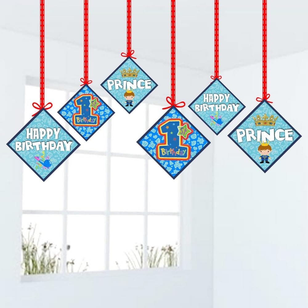 Balloonistics Boy 1st Birthday Theme Hanging Decorations Double-Sided Cardstock Ceiling Hangings with Ribbons Premium Party Decor (Hangings - Pack of 12) thumbnail 1