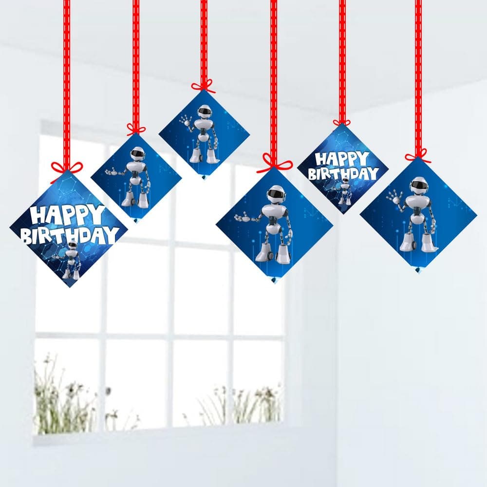 Balloonistics Robot Theme Happy Birthday Hanging Decorations - Pack of 12 Double-Sided Cardstock Cutouts with Hanging Ribbons - Futuristic Sci-Fi Party Decor for Ceiling, Walls & Windows, Space & Tech Theme (Hangings - Pack of 12) thumbnail 1