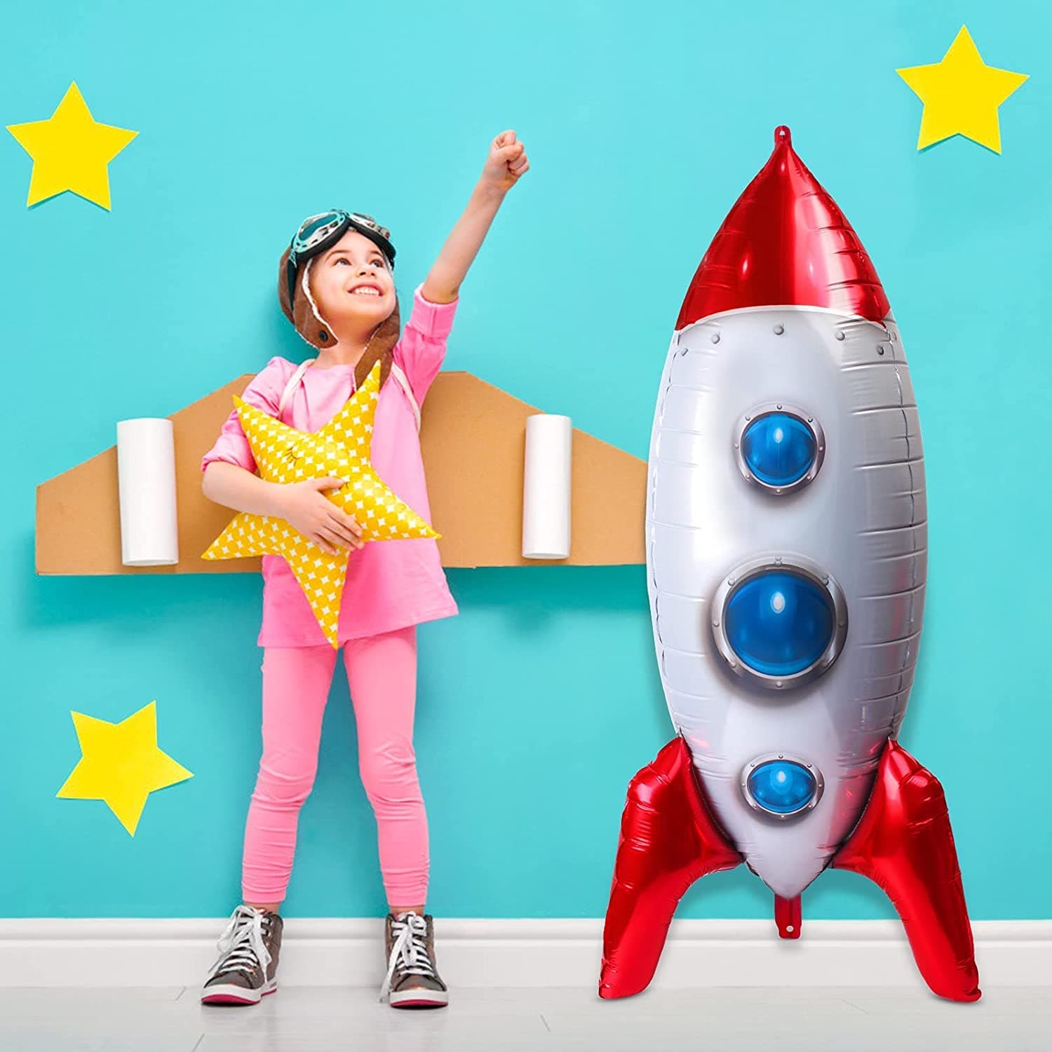 Balloonistics Self-Standing 4D Rocket Foil Balloon – Outer Space Theme Helium Balloon for Kids Birthday & Baby Shower Decoration thumbnail 1