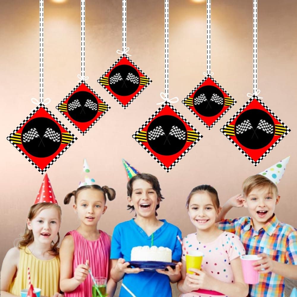 Balloonistics Racing Theme Hanging Decorations Double-Sided Cardstock Swirls & Ornaments Checkered Flag Ceiling Decor for Kids Birthday (Hangings - Pack of 12) thumbnail 4