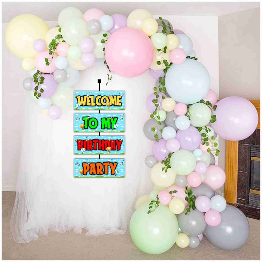 Balloonistics Hot Air Balloon Theme Welcome Board - 2.3 Ft Large "Adventure Awaits" Entryway Sign - Premium Cardstock Pastel Sky & Clouds Birthday Decoration with Ribbons, Whimsical Party Backdrop (Welcome Outdoor Board) thumbnail 4