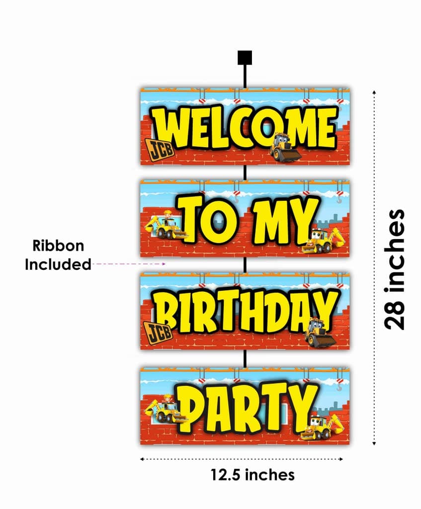 Balloonistics Little JCB Theme Birthday Welcome Board - 2.3 Ft Large Construction Zone Door Sign - Premium Cardstock Yellow Digger & Excavator Party Backdrop with Ribbons for Indoor and Outdoor Use (Welcome Outdoor Board) thumbnail 2