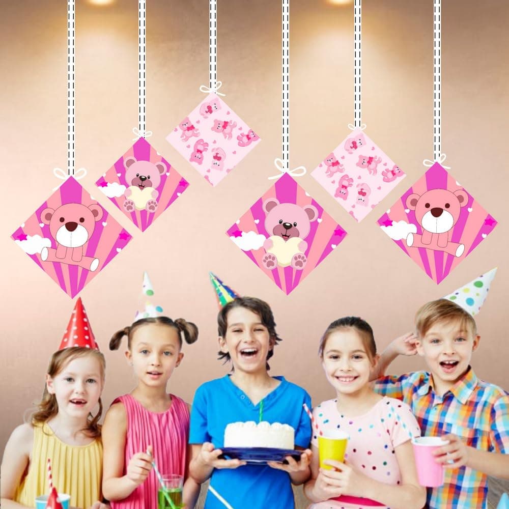 Balloonistics Pink Teddy Bear Happy Birthday Hanging Swirls - Pack of 12 Double-Sided Cardstock Streamers, Ceiling Decor for 1st Birthday Party thumbnail 4