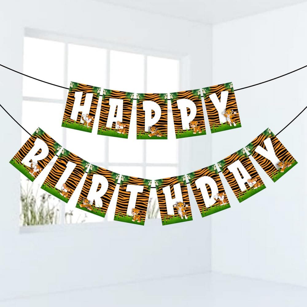 Balloonistics Tiger Happy Birthday Banner - Premium Cardstock Jungle Theme Bunting - Wild One & Safari Birthday Decoration Backdrop for Kids - Orange & Black Tiger Face Party Decor with Ribbon (Happy Birthday Banner) thumbnail 1