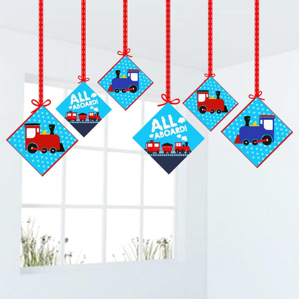 Balloonistics Train Birthday Theme Hangings Double-Sided Cardstock Ceiling Decorations Steam Engine Rail Party Decor with Ribbons (Hangings - Pack of 12) thumbnail 1