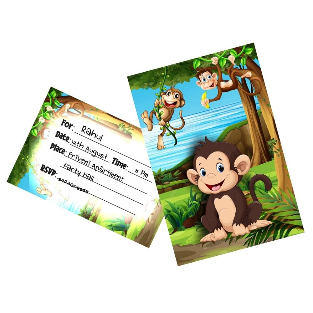 Balloonistics Monkey Theme Birthday Invitation Cards - Pack of 10 Double-Sided Jungle Safari Invites with Envelopes - Premium Cardstock Stationery, Cute Animal Party Supplies for Boys & Girls (Invite Cards - Pack of 10) thumbnail 1