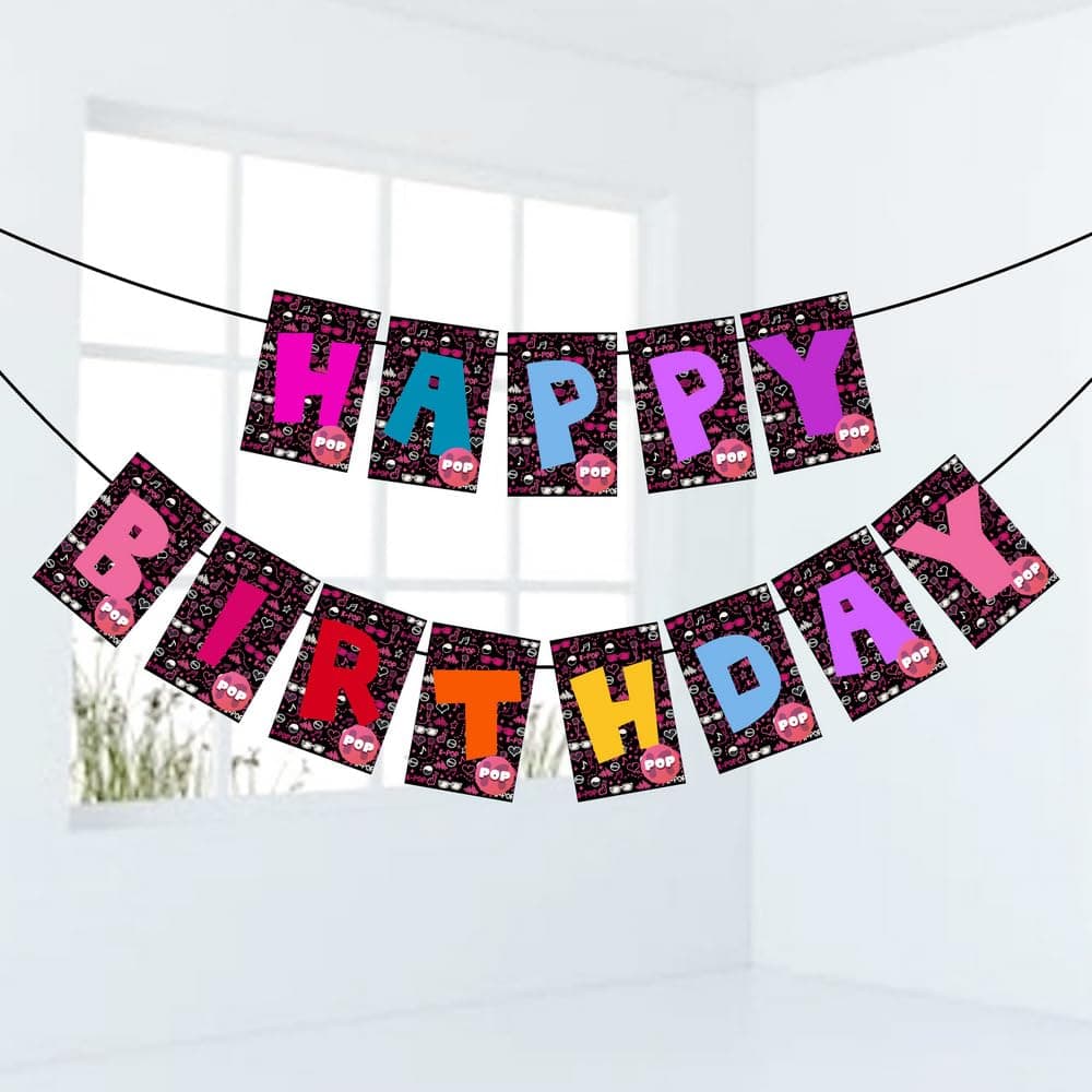 Balloonistics K-Pop Theme Happy Birthday Banner - "Idol Style" Music Video Aesthetic Cardstock Bunting - Premium Birthday Decoration Backdrop for Fans, Teens & Finger Heart Lovers (Happy Birthday Banner) thumbnail 1
