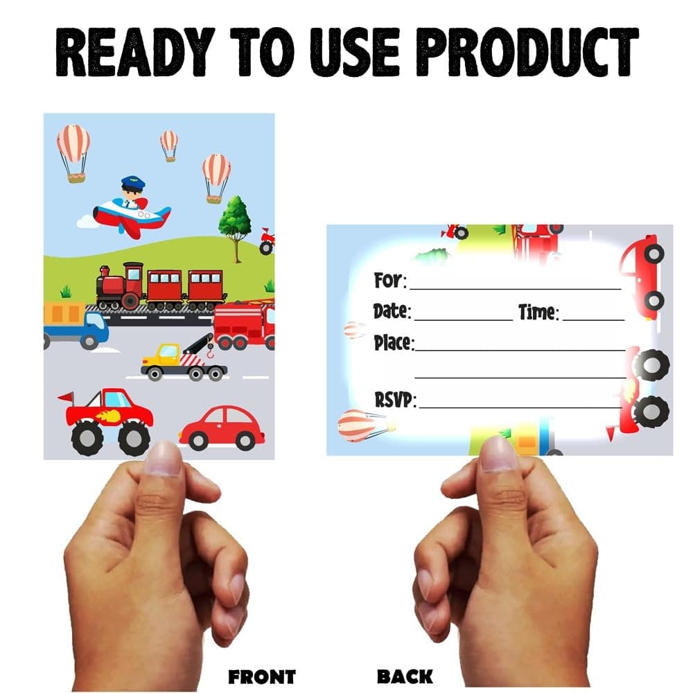 Balloonistics Transport Theme Birthday Invitation Cards Premium Double-Sided Cardstock Vehicle & Transportation Party Invites for Kids (Invite Cards - Pack of 10) thumbnail 4