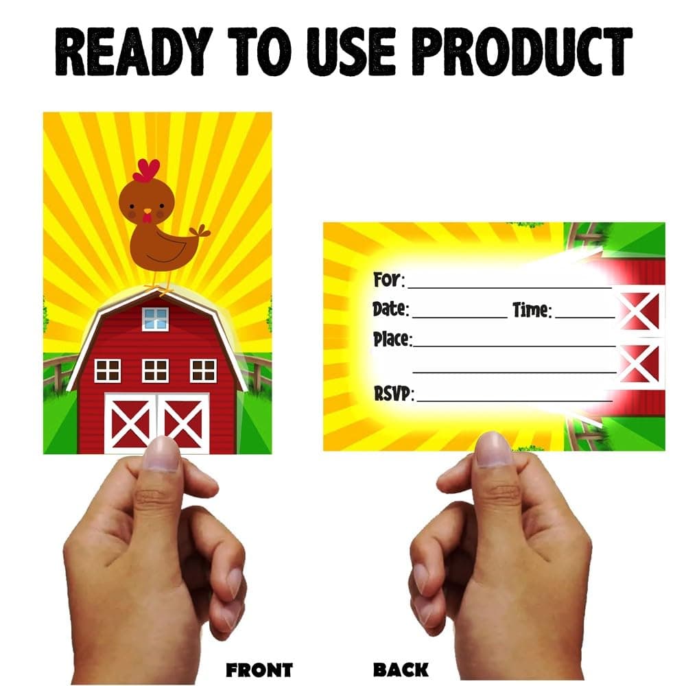 Balloonistics Farm Theme Birthday Invitation Cards with Envelopes - Pack of 10 Barnyard Party Invites - Premium Cardstock Double-Sided "Join the Herd" Invitations, Rustic Red Tractor & Cow Birthday Supplies (Invite Cards - Pack of 10) thumbnail 4