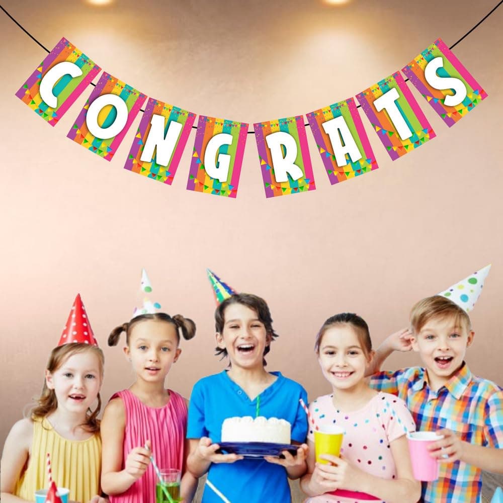 Balloonistics "Congrats" Banner - Cardstock Congratulations Bunting for Graduation, Engagements & Milestone Parties - Elegant Script Achievement Backdrop with Ribbons thumbnail 3